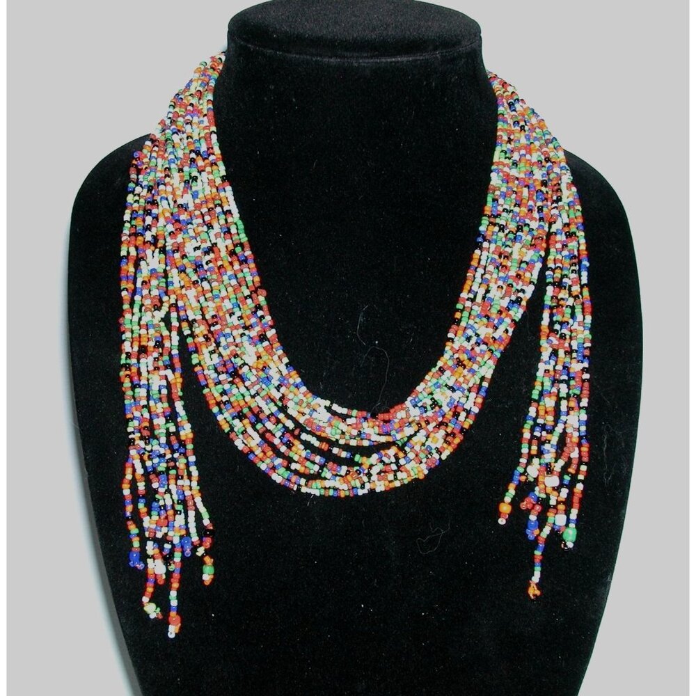 Vintage Multicolor Beaded Necklace With Layered Strands Of Tiny Glass Beads
